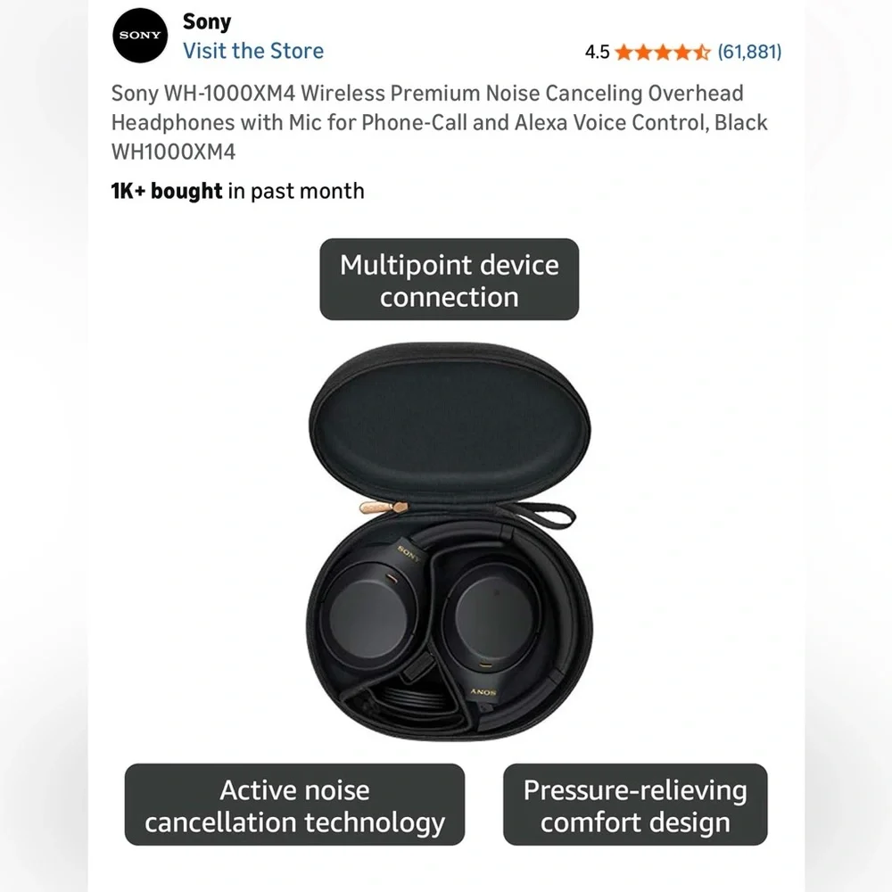 Sony WH-1000XM4 Wireless Premium Noise Canceling Overhead Headphones with Mic